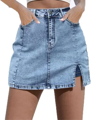 Bloomy Skorts, Bloomy Jean Side Split Mini Skorts, Trendy Woman High Waisted Casual Stretchy Denim Skirt