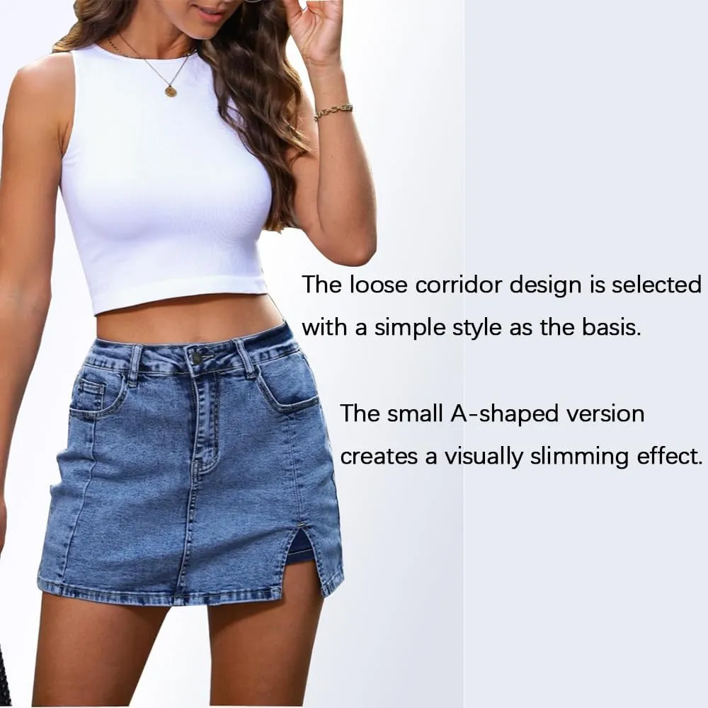 Bloomy Skorts, Bloomy Jean Side Split Mini Skorts, Trendy Woman High Waisted Casual Stretchy Denim Skirt