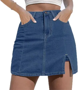 Bloomy Skorts, Bloomy Jean Side Split Mini Skorts, Trendy Woman High Waisted Casual Stretchy Denim Skirt