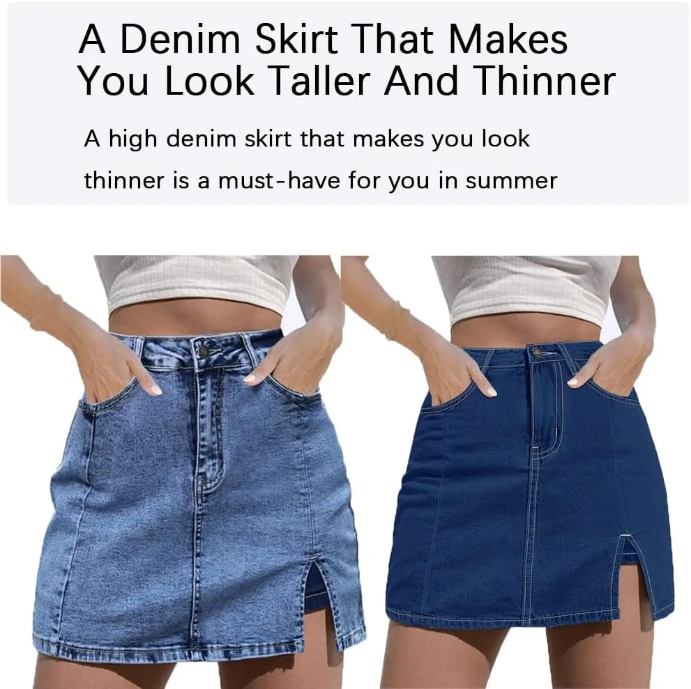 Bloomy Skorts, Bloomy Jean Side Split Mini Skorts, Trendy Woman High Waisted Casual Stretchy Denim Skirt