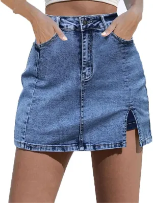 Bloomy Skorts, Bloomy Jean Side Split Mini Skorts, Trendy Woman High Waisted Casual Stretchy Denim Skirt