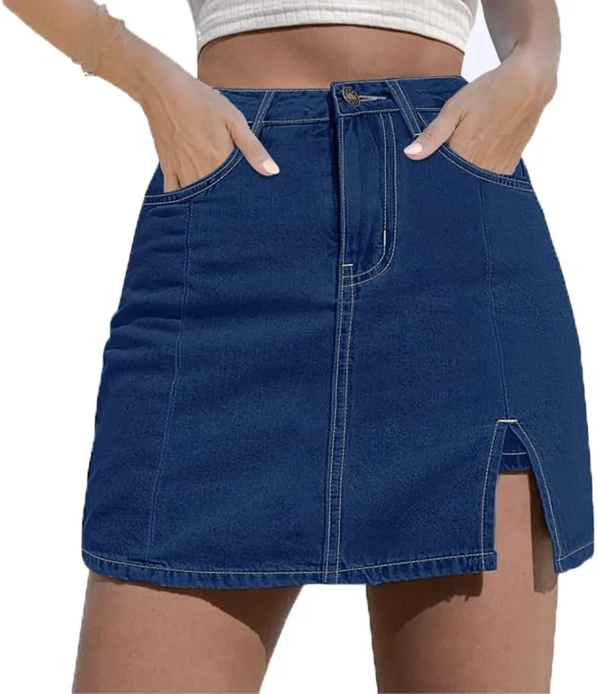Bloomy Skorts, Bloomy Jean Side Split Mini Skorts, Trendy Woman High Waisted Casual Stretchy Denim Skirt