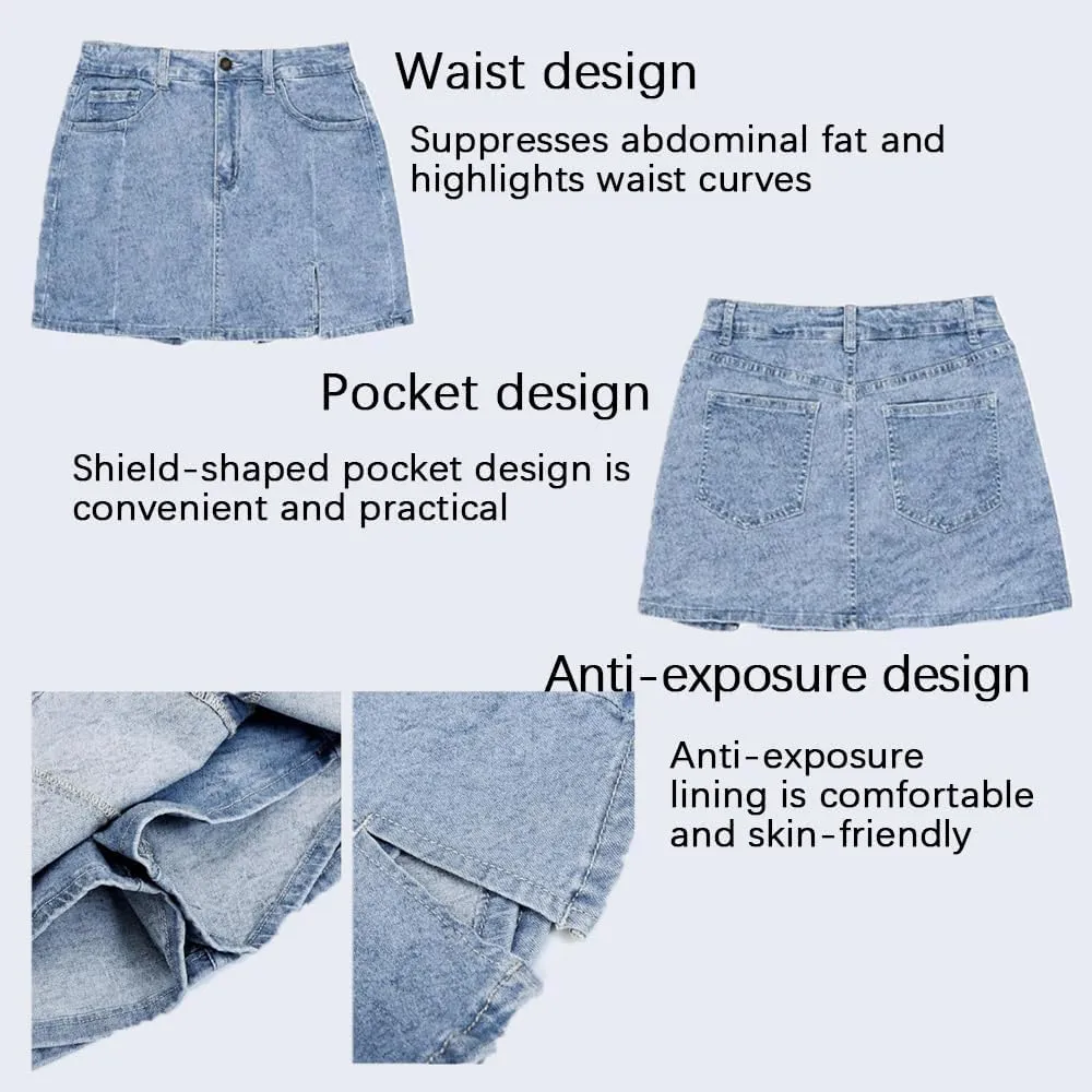 Bloomy Skorts, Bloomy Jean Side Split Mini Skorts, Trendy Woman High Waisted Casual Stretchy Denim Skirt