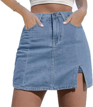 Bloomy Skorts, Bloomy Jean Side Split Mini Skorts, Trendy Woman High Waisted Casual Stretchy Denim Skirt