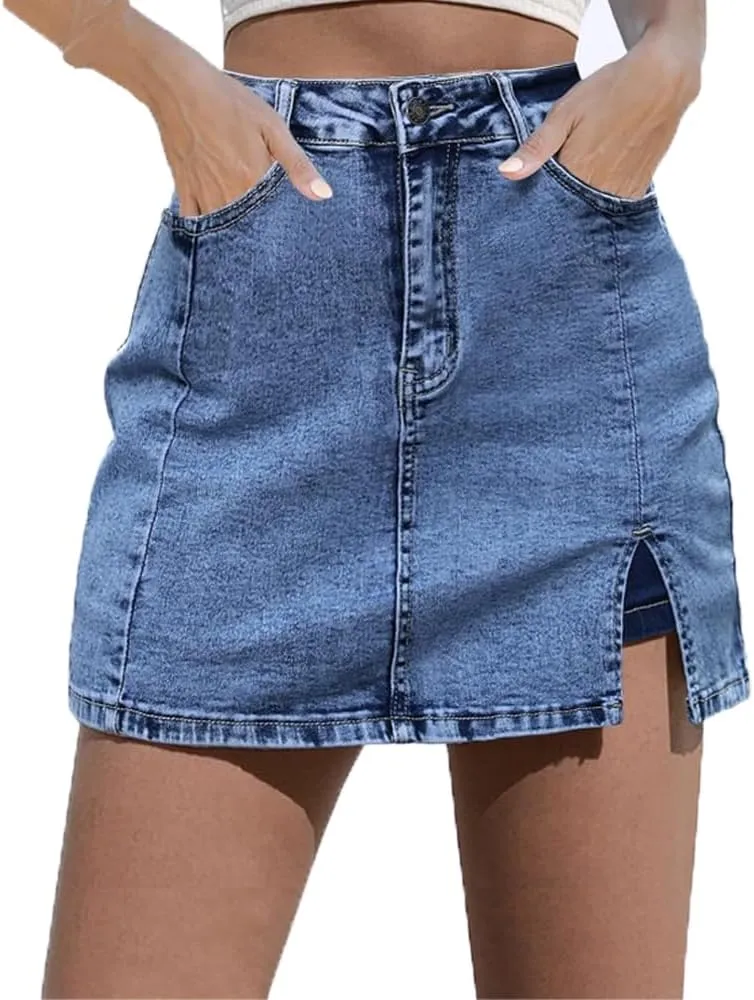 Bloomy Skorts, Bloomy Jean Side Split Mini Skorts, Trendy Woman High Waisted Casual Stretchy Denim Skirt