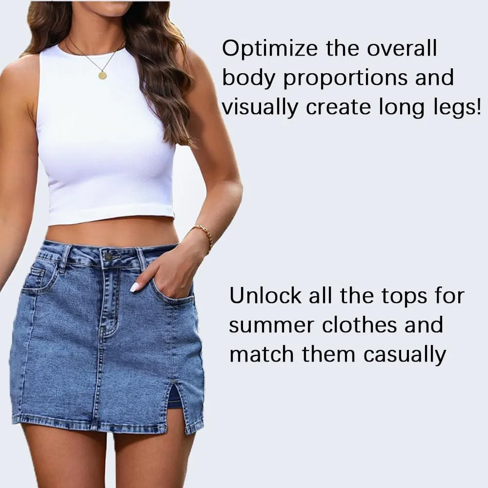 Bloomy Skorts, Bloomy Jean Side Split Mini Skorts, Trendy Woman High Waisted Casual Stretchy Denim Skirt