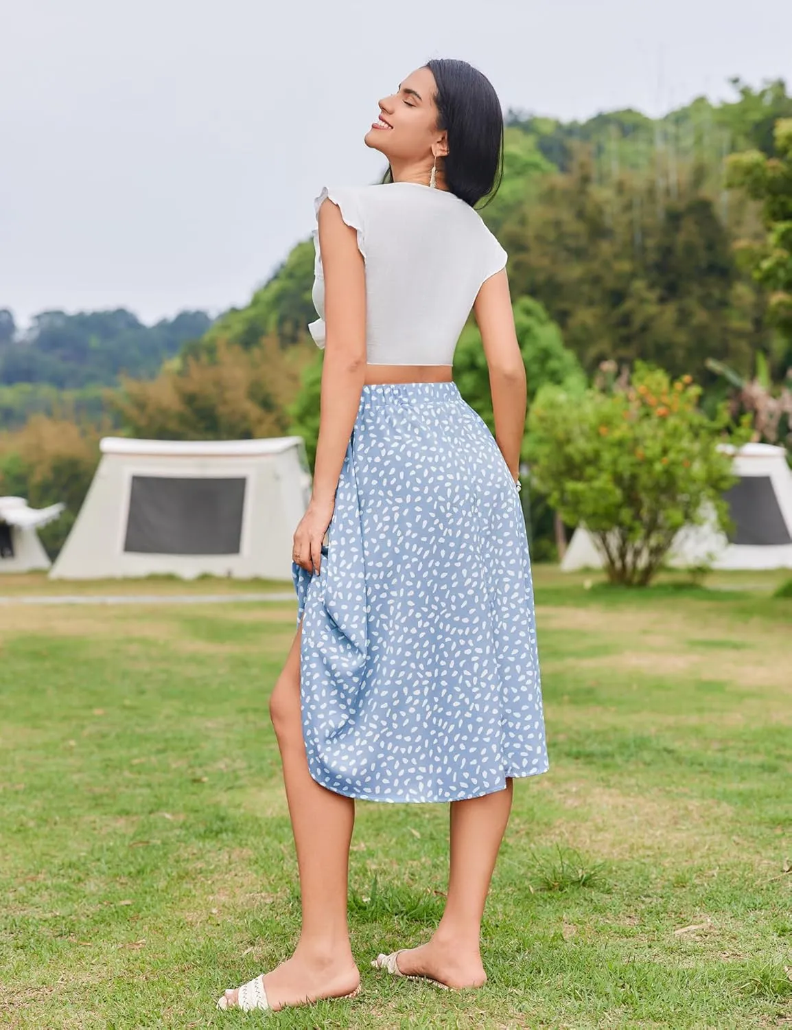 Bluetime Women Floral Print Midi Skirt Summer Beach Pleated Elastic High Waisted A Line Skirt