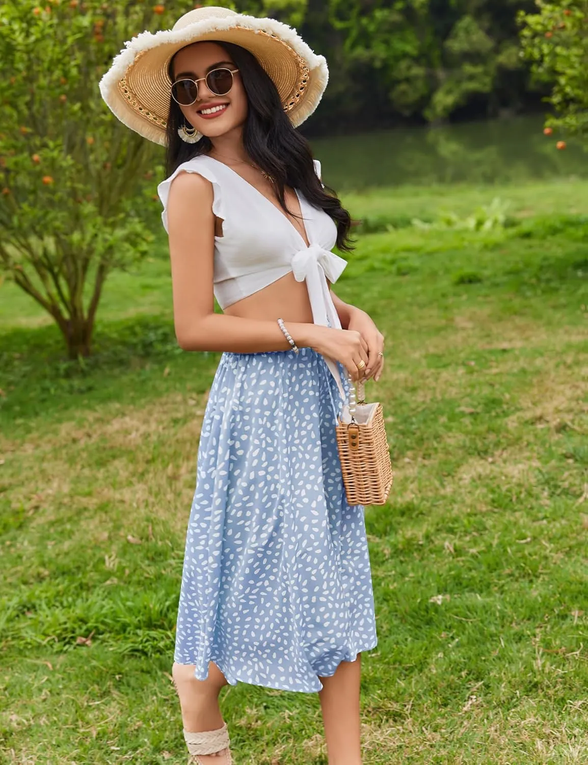 Bluetime Women Floral Print Midi Skirt Summer Beach Pleated Elastic High Waisted A Line Skirt