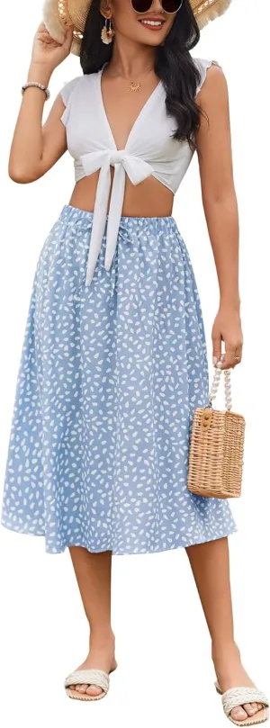 Bluetime Women Floral Print Midi Skirt Summer Beach Pleated Elastic High Waisted A Line Skirt