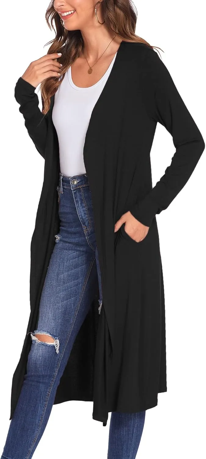 Bluetime Women Plus Size Long Open Front Drape Maxi Cardigan Lightweight Duster Long Sleeve Cardigan Fall (S-4XL)
