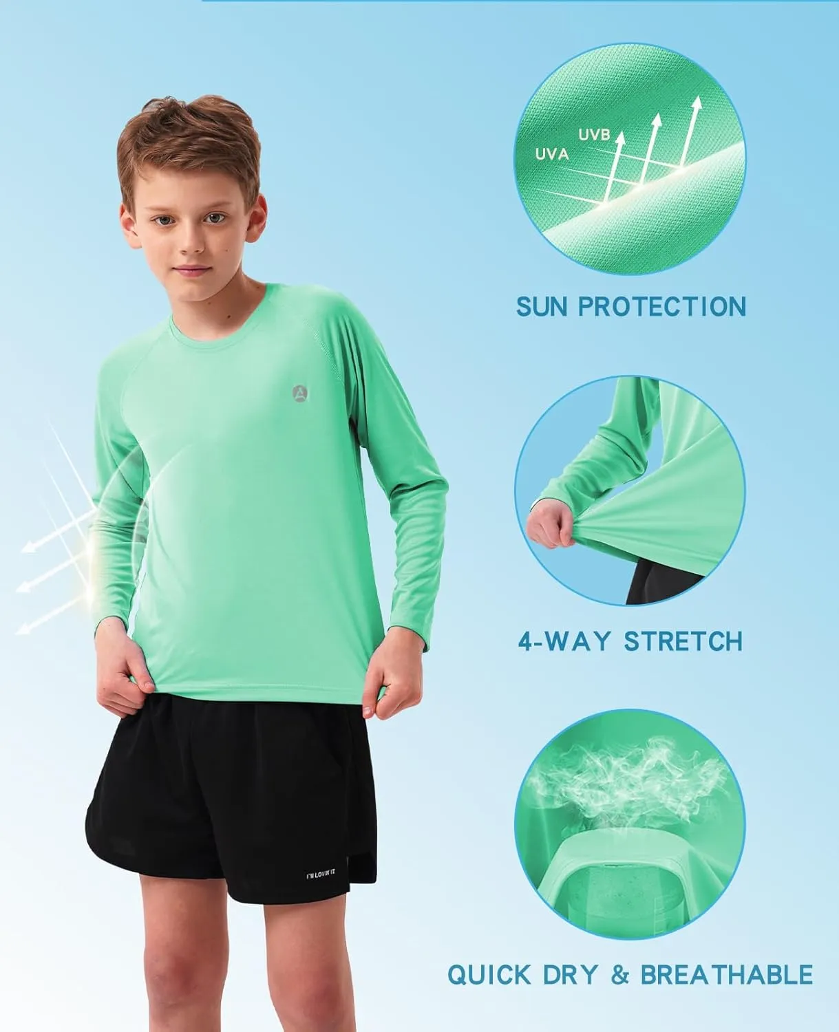 Boys Girls Long Sleeve Sun Shirts Rashguard UPF50 UV Quick Dry Athletic Hiking Fishing Golf Workout Play Water Size 6-14