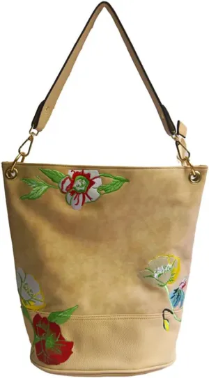  Bucket Bag Embroidered Flowers Purse Women Handbag Large Hobo Bag Faux Leather Shoulder Bag