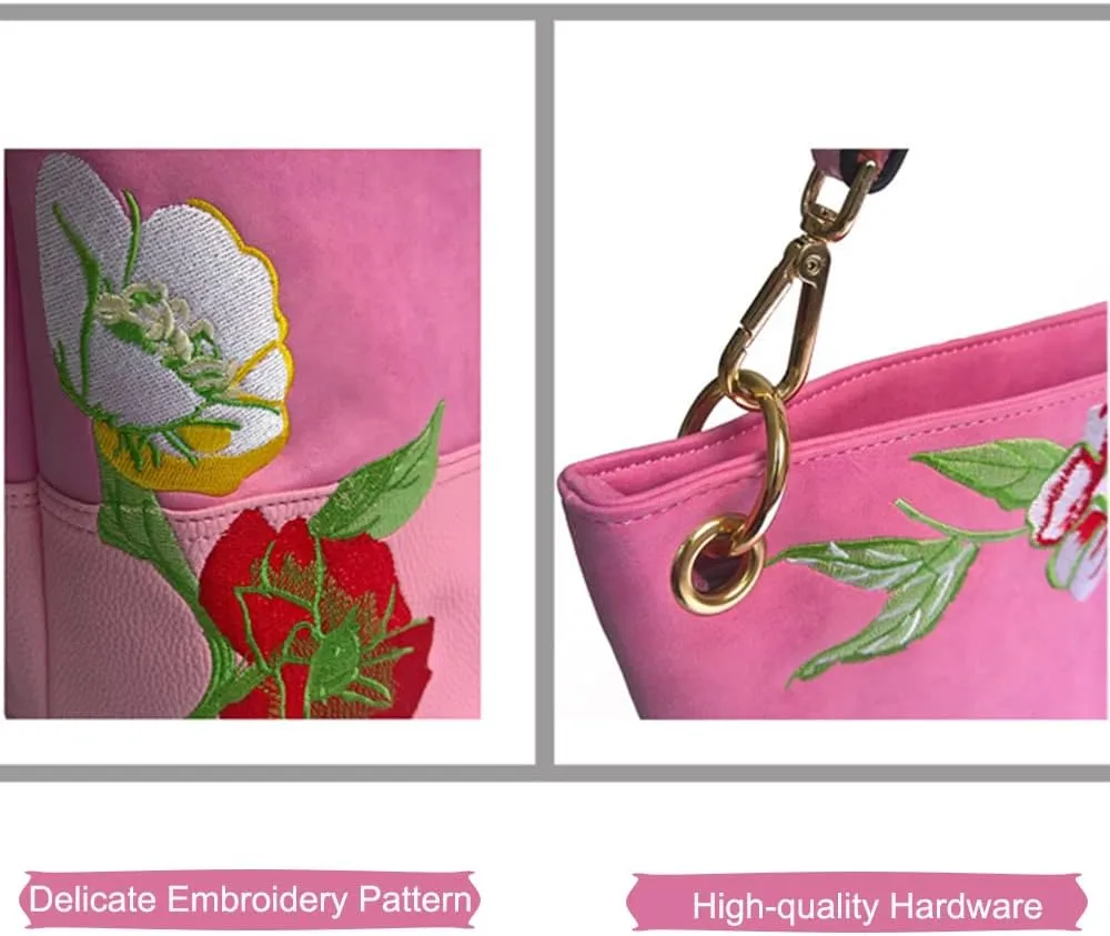  Bucket Bag Embroidered Flowers Purse Women Handbag Large Hobo Bag Faux Leather Shoulder Bag