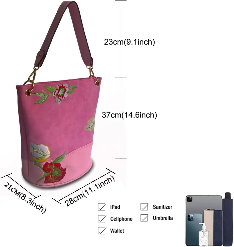  Bucket Bag Embroidered Flowers Purse Women Handbag Large Hobo Bag Faux Leather Shoulder Bag