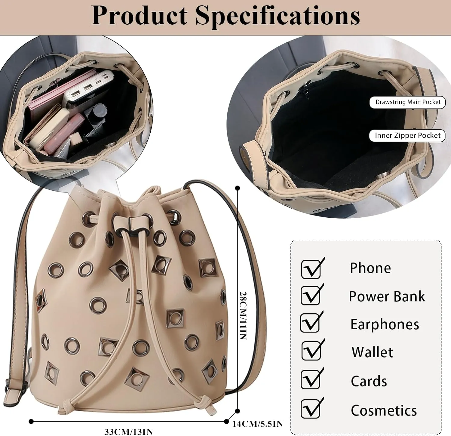 Bucket Bags for Women, Studded Purse Mini Leather Hobo Bag Y2K Trendy Studded Crossbody Bucket Handbags