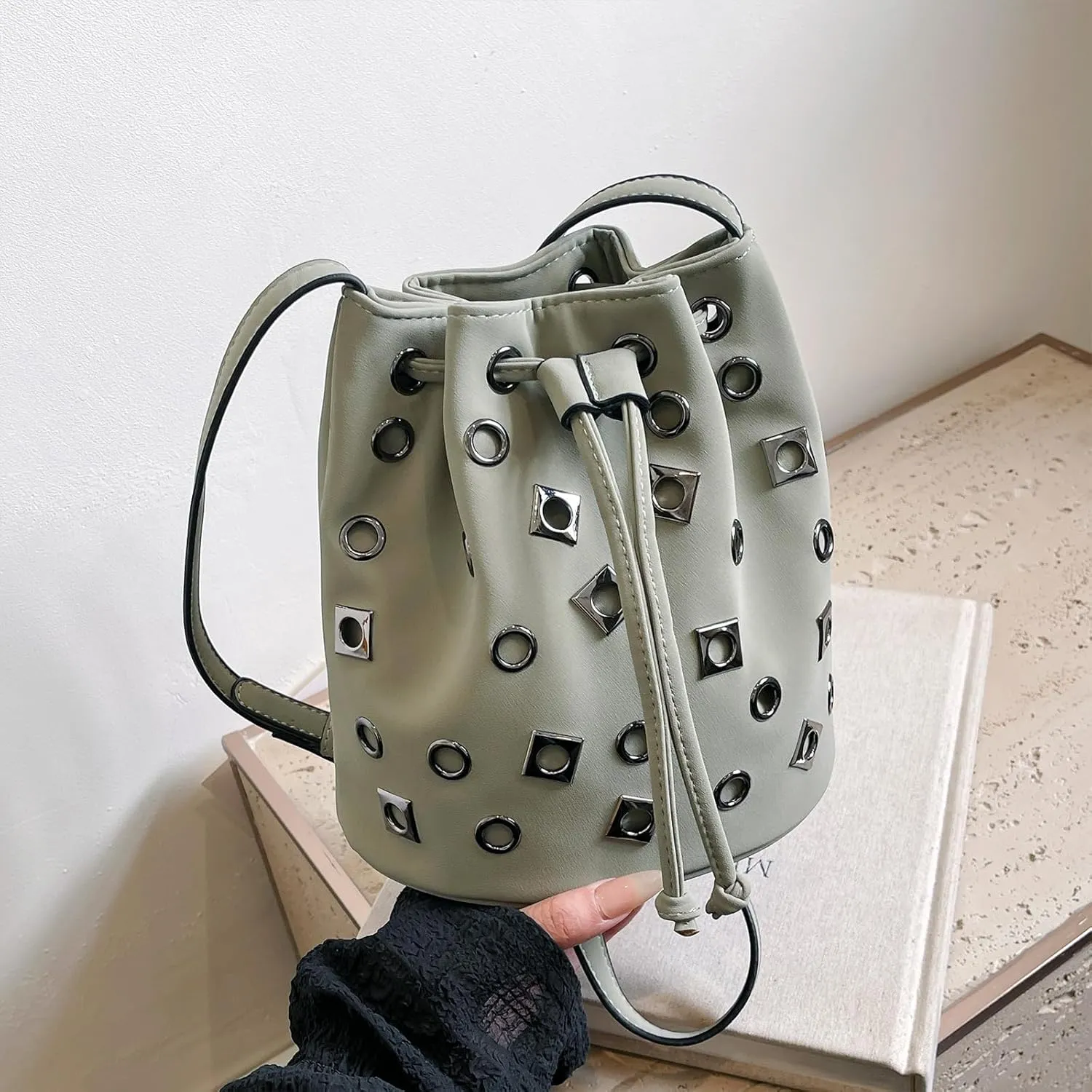 Bucket Bags for Women, Studded Purse Mini Leather Hobo Bag Y2K Trendy Studded Crossbody Bucket Handbags