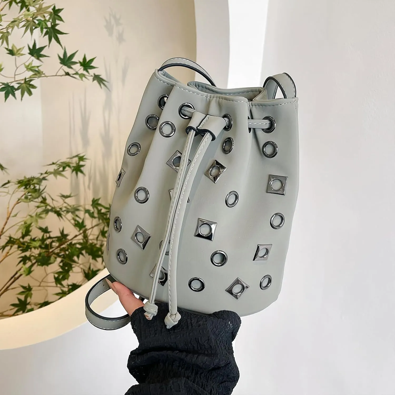 Bucket Bags for Women, Studded Purse Mini Leather Hobo Bag Y2K Trendy Studded Crossbody Bucket Handbags