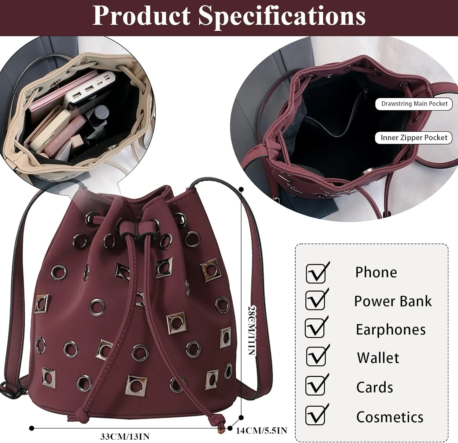 Bucket Bags for Women, Studded Purse Mini Leather Hobo Bag Y2K Trendy Studded Crossbody Bucket Handbags