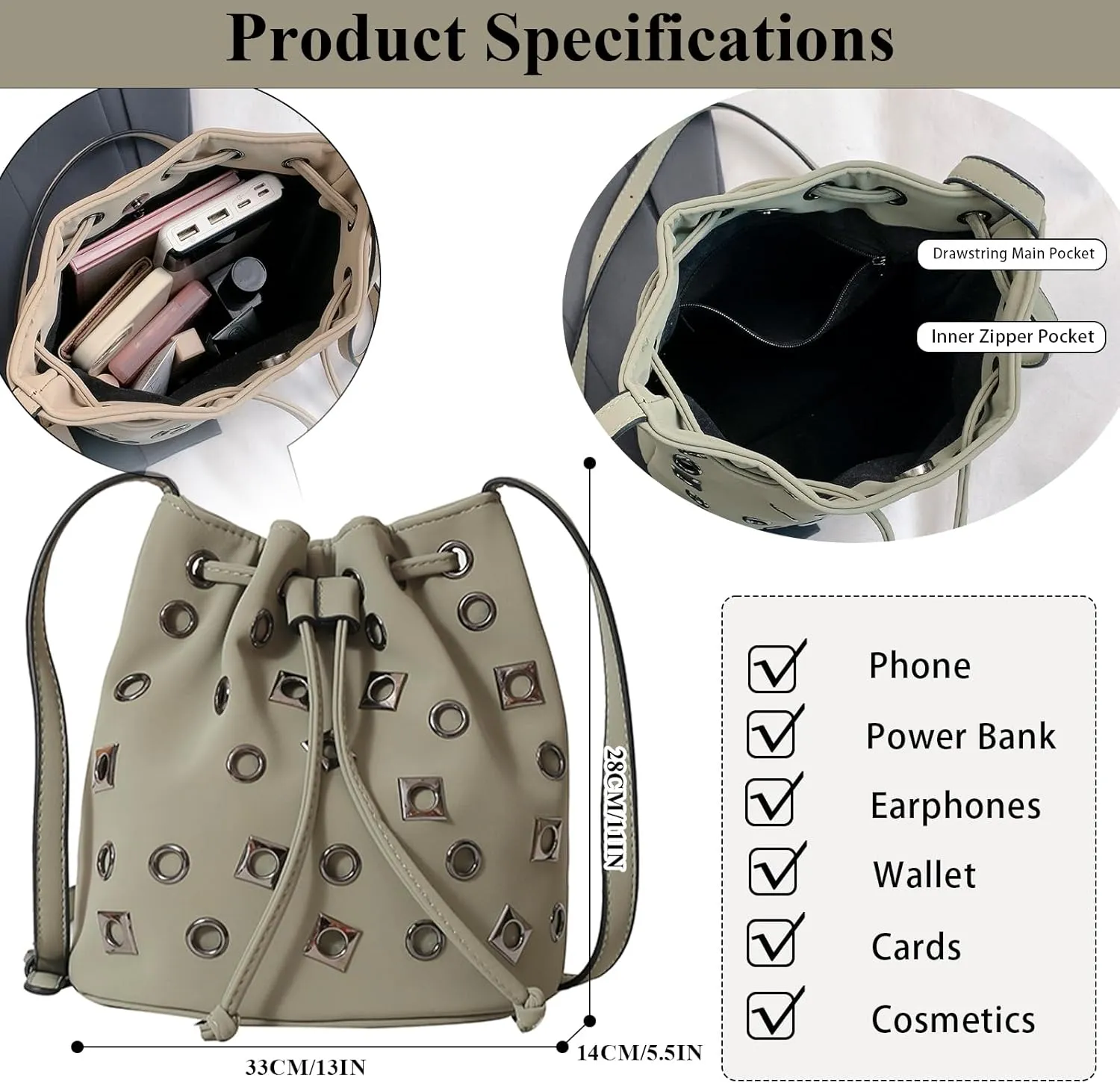 Bucket Bags for Women, Studded Purse Mini Leather Hobo Bag Y2K Trendy Studded Crossbody Bucket Handbags