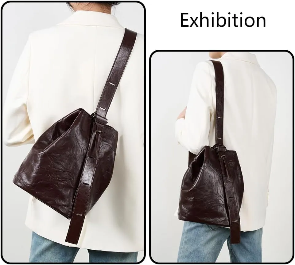 Bucket Purses for Women, Leather Woven Bucket Bag Drawstring Purse Hobo Crossbody Bucket Handbags