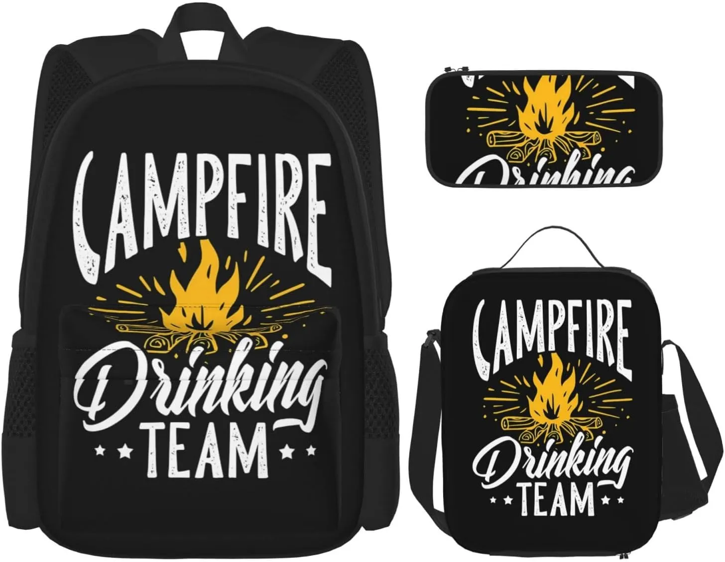 Campfire Drinkings Team Camping Multifunctional Pocket Backpack Crossbody Lunch Bag Pencil Case 3Pcs Set Large Capacity Backpack