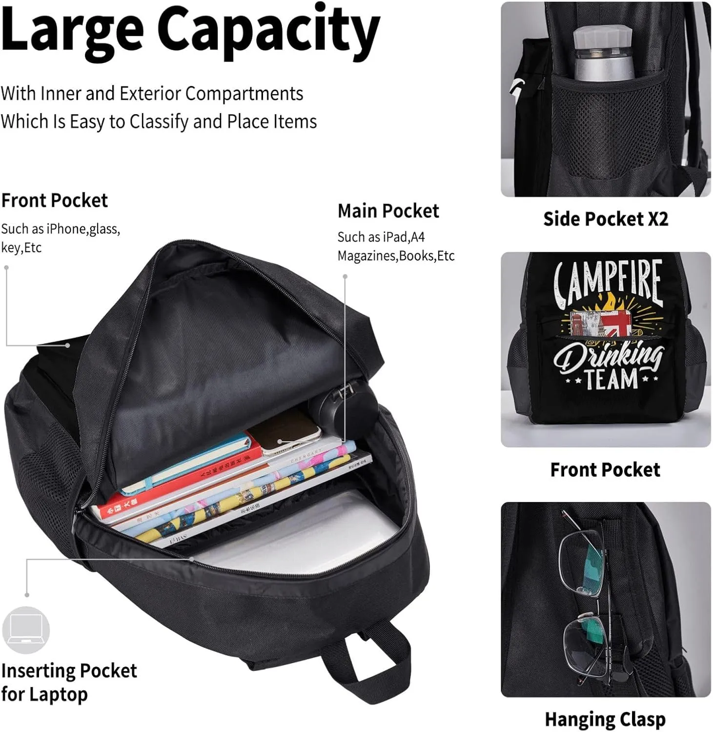 Campfire Drinkings Team Camping Multifunctional Pocket Backpack Crossbody Lunch Bag Pencil Case 3Pcs Set Large Capacity Backpack