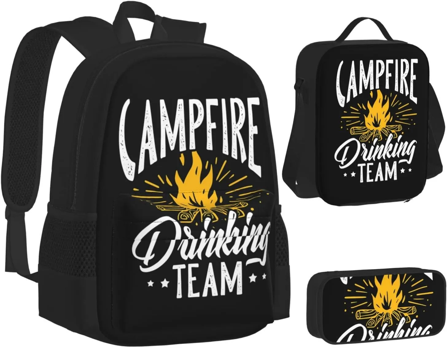 Campfire Drinkings Team Camping Multifunctional Pocket Backpack Crossbody Lunch Bag Pencil Case 3Pcs Set Large Capacity Backpack