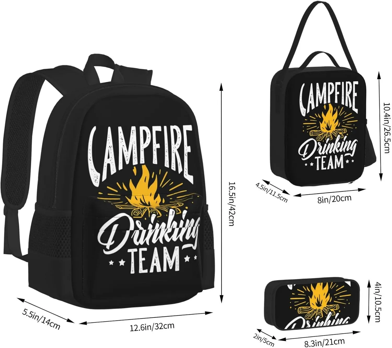 Campfire Drinkings Team Camping Multifunctional Pocket Backpack Crossbody Lunch Bag Pencil Case 3Pcs Set Large Capacity Backpack