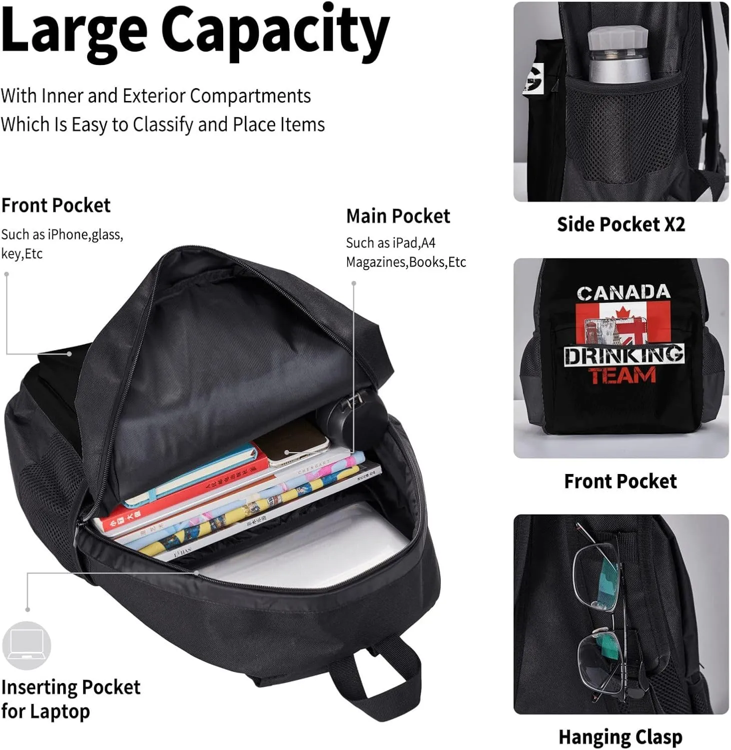 Canada Drinkings Team Canadian Flag Beer Party Multifunctional Pocket Backpack Crossbody Lunch Bag Pencil Case 3Pcs Set Large Capacity Backpack