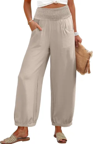 Caracilia Women Wide Leg Flowy Pants 2025 Summer Casual High Waisted Baggy Loose Boho Beach Vacation Palazzo Lantern Pants