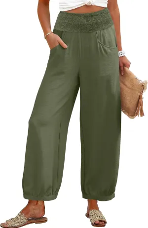Caracilia Women Wide Leg Flowy Pants 2025 Summer Casual High Waisted Baggy Loose Boho Beach Vacation Palazzo Lantern Pants