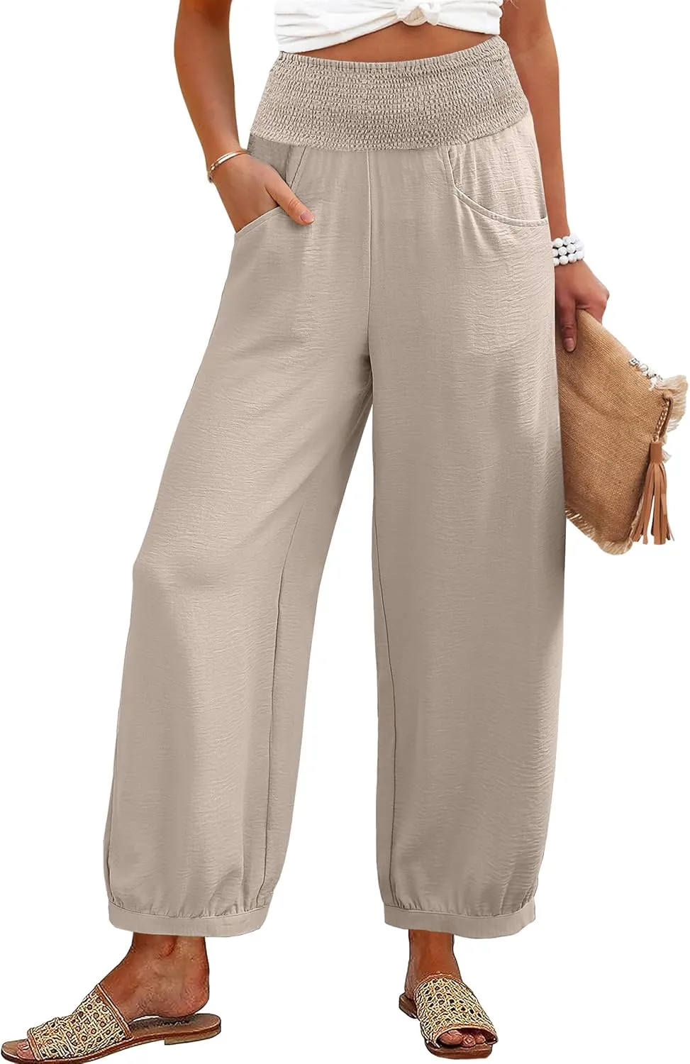 Caracilia Women Wide Leg Flowy Pants 2025 Summer Casual High Waisted Baggy Loose Boho Beach Vacation Palazzo Lantern Pants