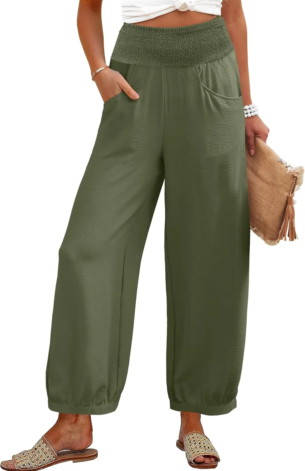 Caracilia Women Wide Leg Flowy Pants 2025 Summer Casual High Waisted Baggy Loose Boho Beach Vacation Palazzo Lantern Pants
