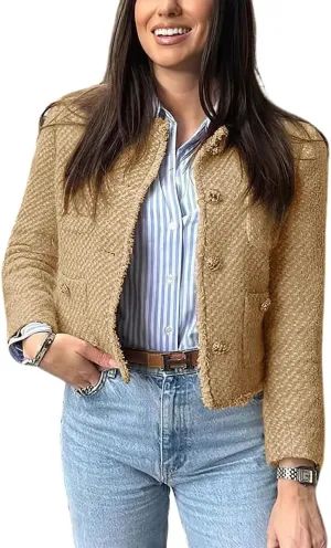chouyatou Women's Fall Business Casual Tweed Jacket Button Down Fringed Tassel Office Work Blazer Coat