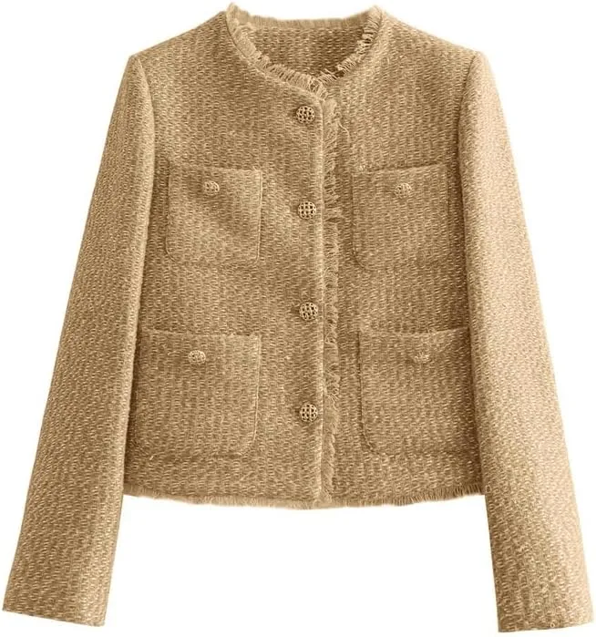 chouyatou Women's Fall Business Casual Tweed Jacket Button Down Fringed Tassel Office Work Blazer Coat