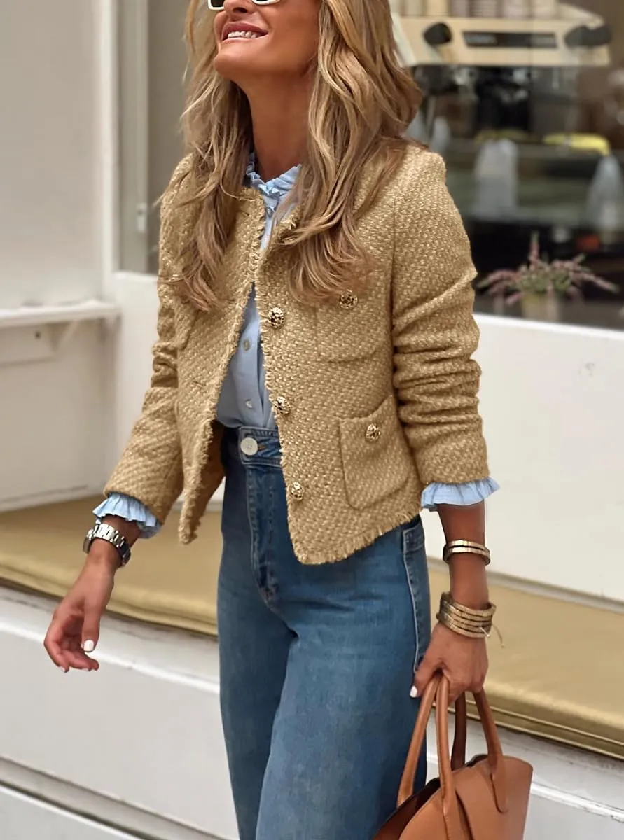 chouyatou Women's Fall Business Casual Tweed Jacket Button Down Fringed Tassel Office Work Blazer Coat