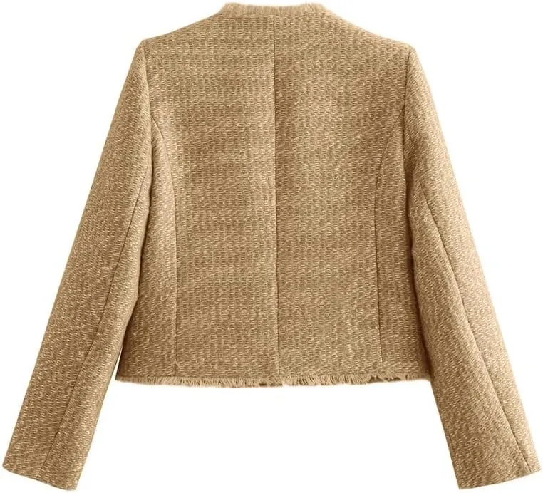 chouyatou Women's Fall Business Casual Tweed Jacket Button Down Fringed Tassel Office Work Blazer Coat