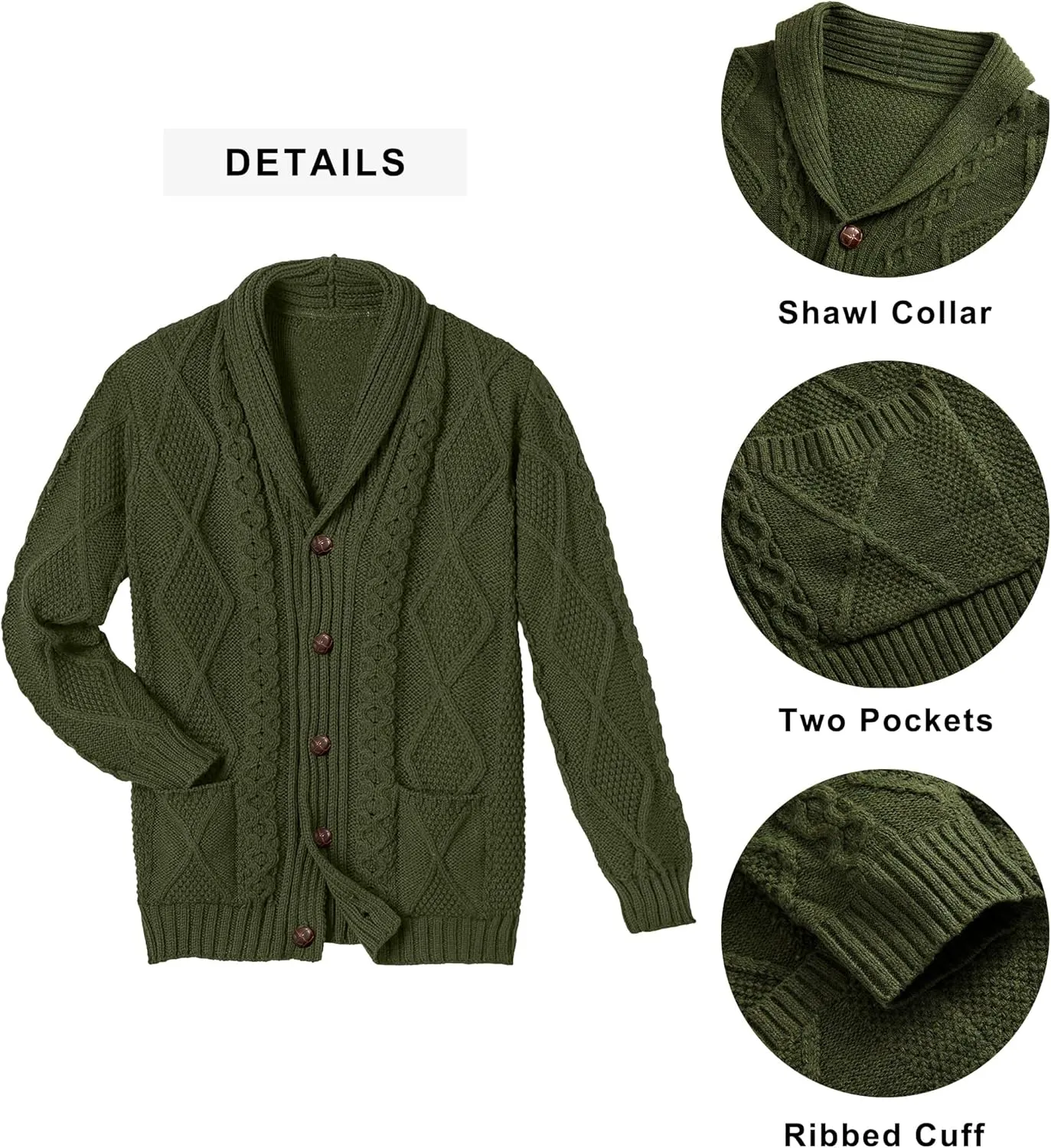 Comdecevis Mens Shawl Collar Cardigan Sweater Cable Knit Button Down Long Sleeve Casual Knitwear with Pockets