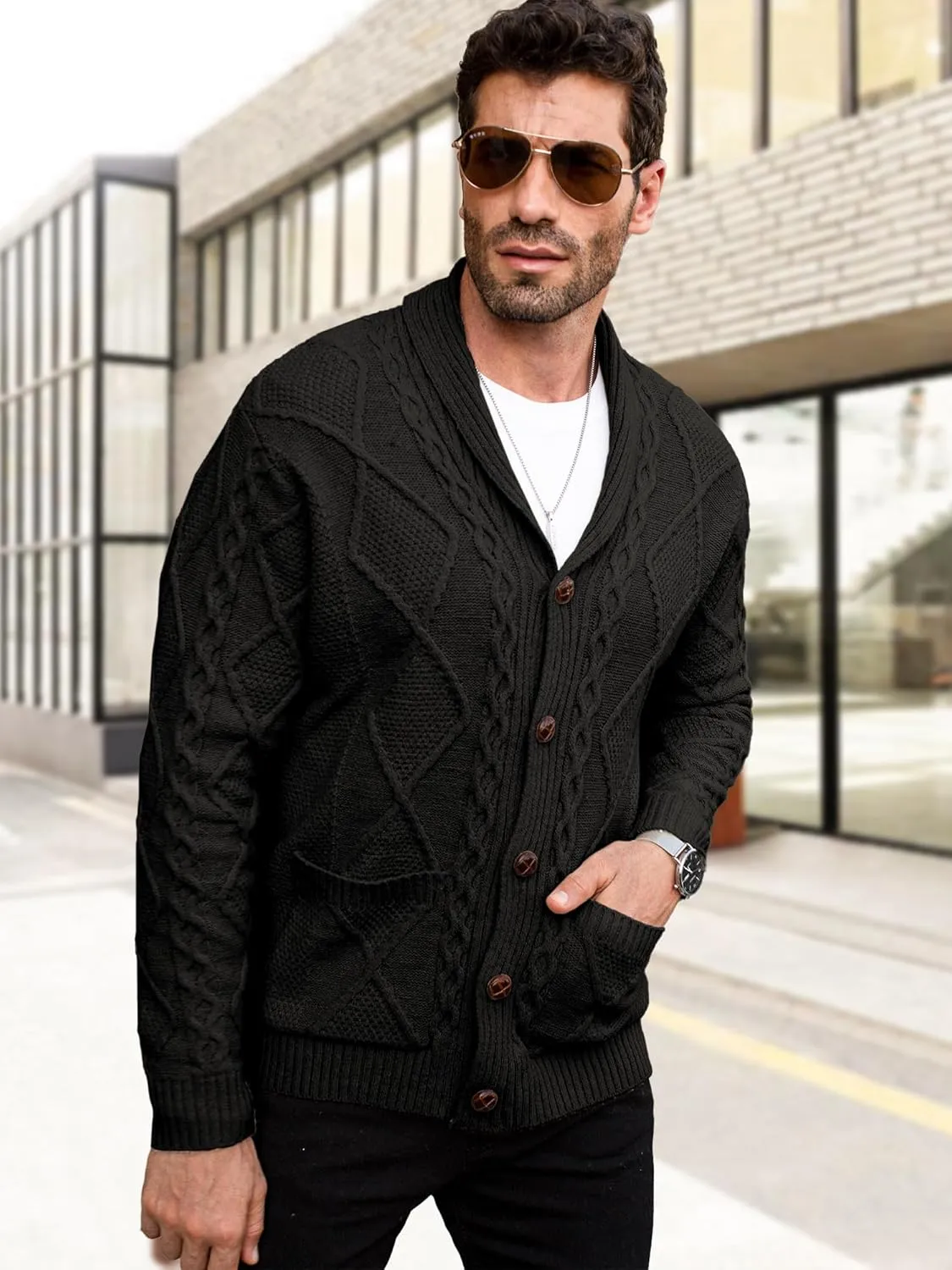 Comdecevis Mens Shawl Collar Cardigan Sweater Cable Knit Button Down Long Sleeve Casual Knitwear with Pockets