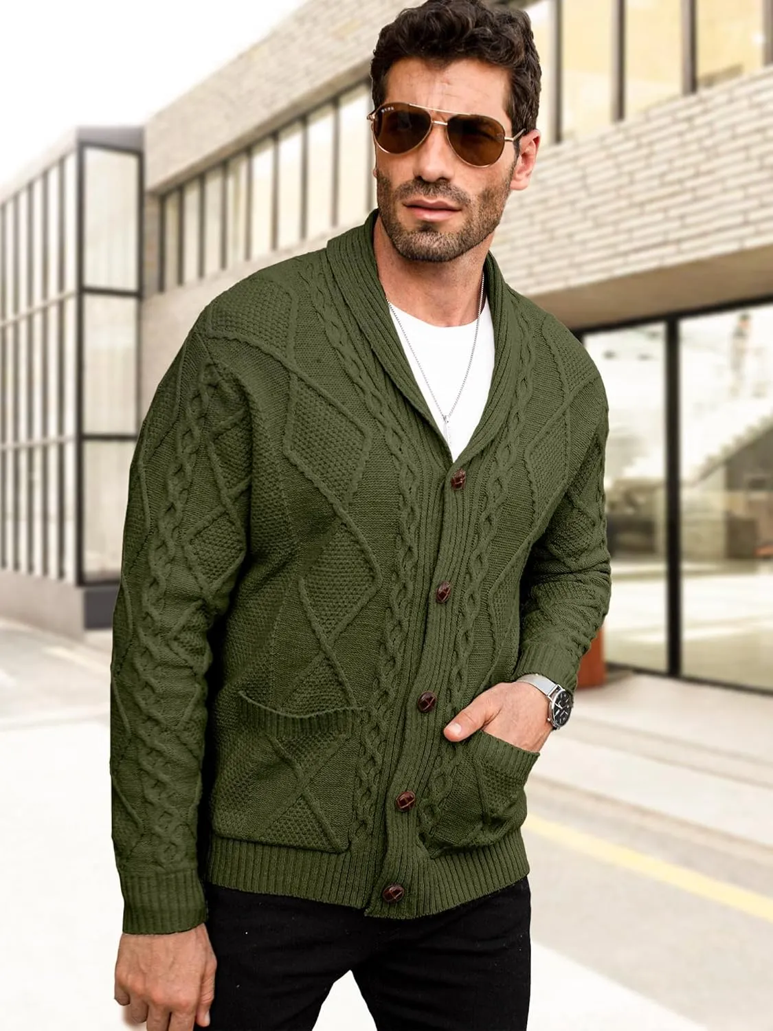 Comdecevis Mens Shawl Collar Cardigan Sweater Cable Knit Button Down Long Sleeve Casual Knitwear with Pockets