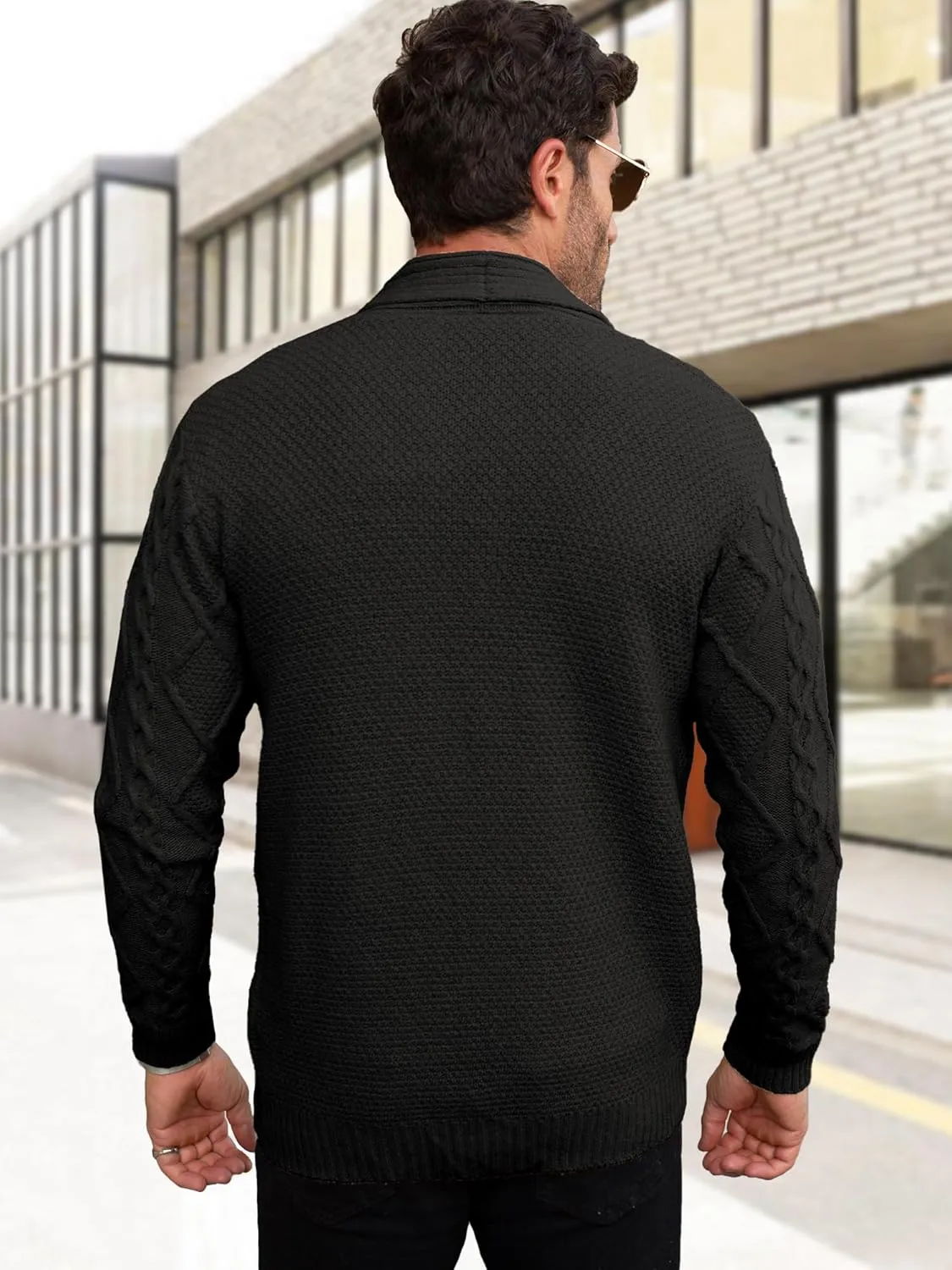 Comdecevis Mens Shawl Collar Cardigan Sweater Cable Knit Button Down Long Sleeve Casual Knitwear with Pockets