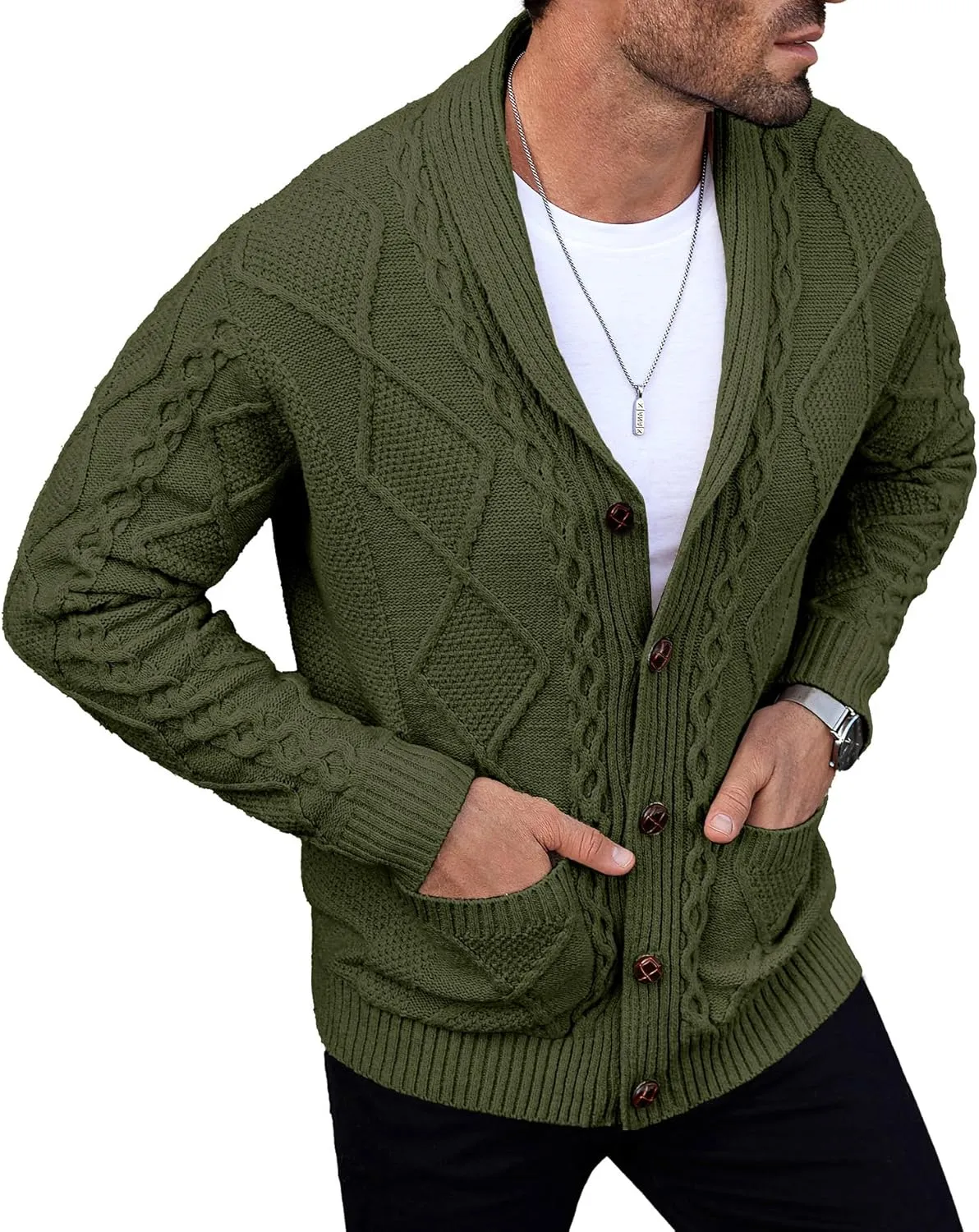 Comdecevis Mens Shawl Collar Cardigan Sweater Cable Knit Button Down Long Sleeve Casual Knitwear with Pockets