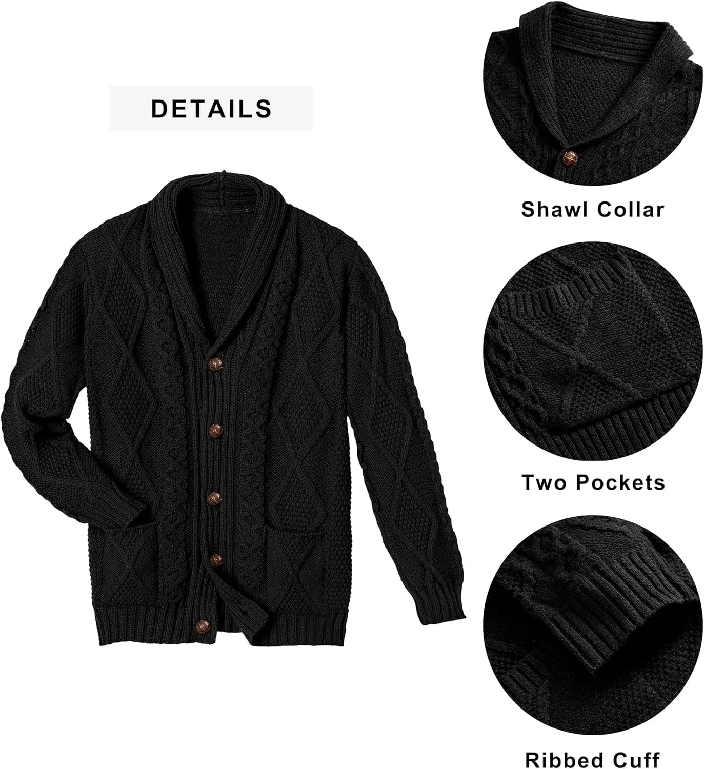 Comdecevis Mens Shawl Collar Cardigan Sweater Cable Knit Button Down Long Sleeve Casual Knitwear with Pockets