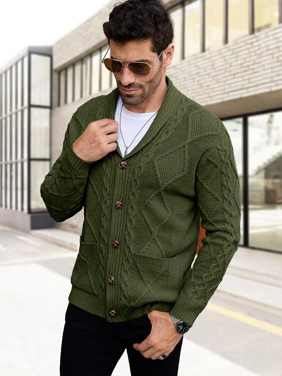 Comdecevis Mens Shawl Collar Cardigan Sweater Cable Knit Button Down Long Sleeve Casual Knitwear with Pockets