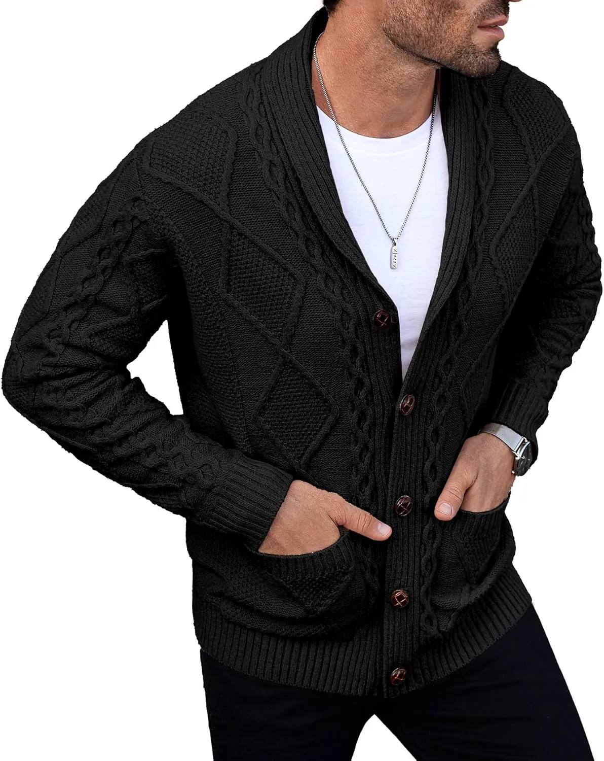 Comdecevis Mens Shawl Collar Cardigan Sweater Cable Knit Button Down Long Sleeve Casual Knitwear with Pockets