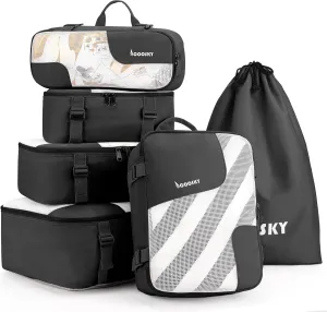 Compression Packing Cubes for Suitcases, COOSKY 6 Set Transparent Clothes Organizer for Travel Essentials, Expandable Storage Bags in Luggage, Carry on Size Travel Accessories for Women/Men, Black