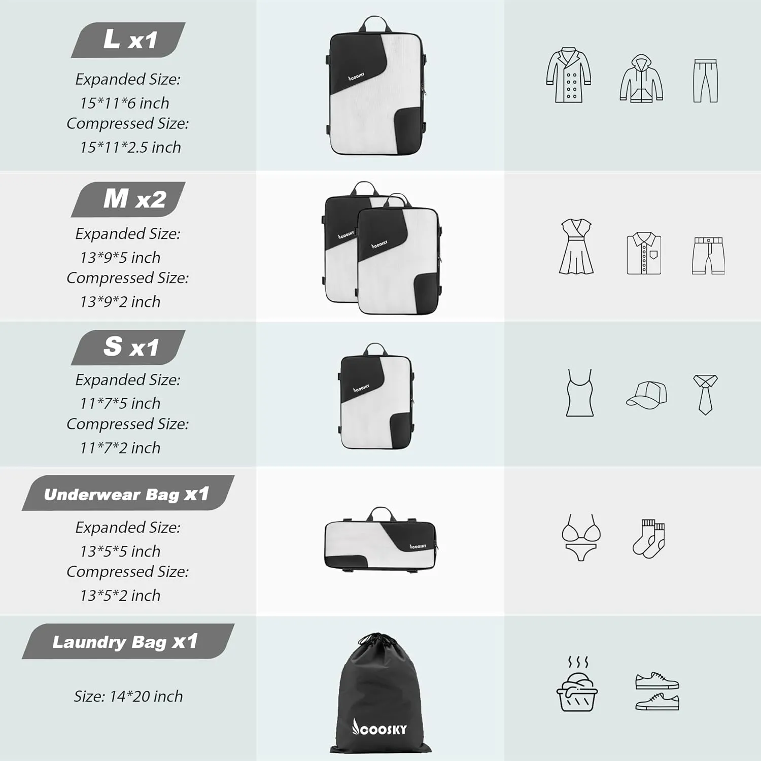 Compression Packing Cubes for Suitcases, COOSKY 6 Set Transparent Clothes Organizer for Travel Essentials, Expandable Storage Bags in Luggage, Carry on Size Travel Accessories for Women/Men, Black
