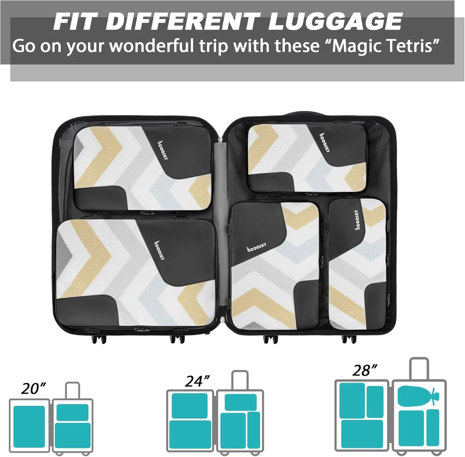 Compression Packing Cubes for Suitcases, COOSKY 6 Set Transparent Clothes Organizer for Travel Essentials, Expandable Storage Bags in Luggage, Carry on Size Travel Accessories for Women/Men, Black