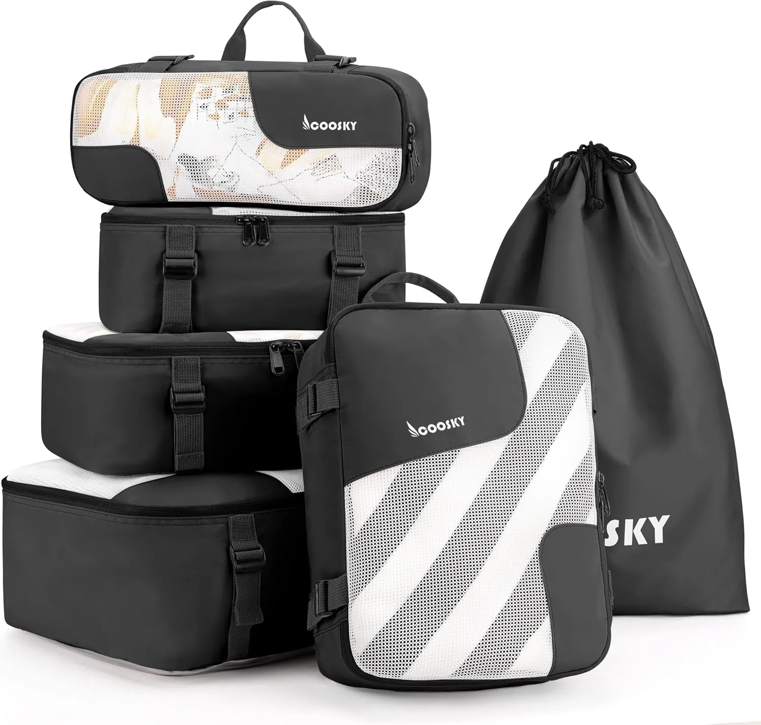 Compression Packing Cubes for Suitcases, COOSKY 6 Set Transparent Clothes Organizer for Travel Essentials, Expandable Storage Bags in Luggage, Carry on Size Travel Accessories for Women/Men, Black
