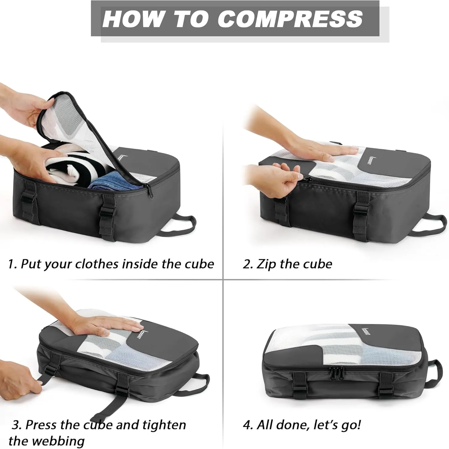 Compression Packing Cubes for Suitcases, COOSKY 6 Set Transparent Clothes Organizer for Travel Essentials, Expandable Storage Bags in Luggage, Carry on Size Travel Accessories for Women/Men, Black